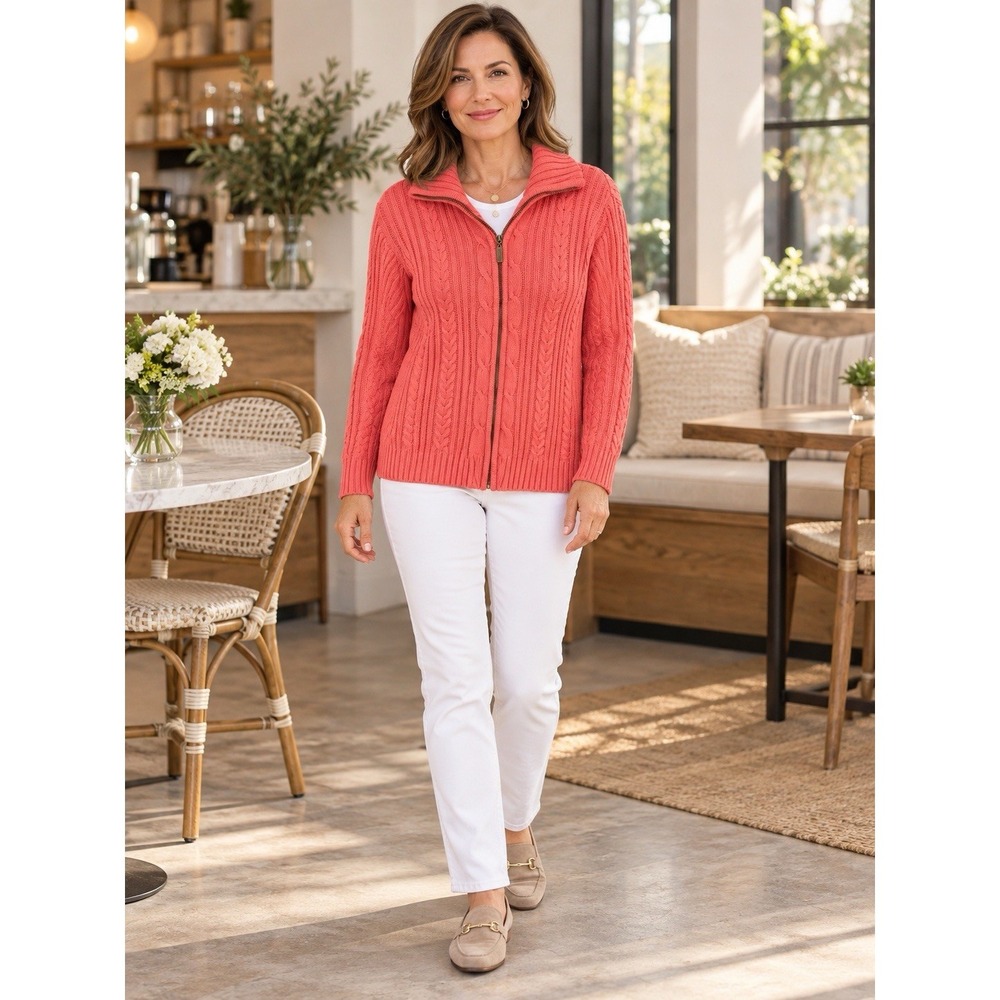 Carolyn Taylor Sweater Women Large coral Cable Knit Full Zip Cardigan capsule